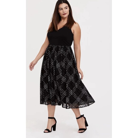 Torrid Women Size 12 Black Ponte & Mesh Plaid Midi Dress Goth Academia - Picture 1 of 14